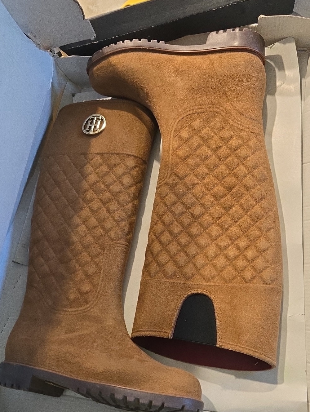 Tommy Hilfiger Tan Quilted Suede Knee-High Boots